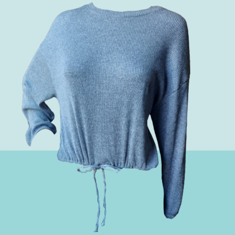 Gilly Hicks Cropped Ribbed Solid Crew Neck Drawstring Pull Over Sweater - Picture 4 of 10